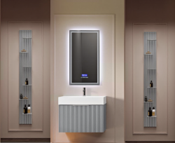 Тумба под раковину Cezares Premium Plisse 50, 50х44х25 см, подвесная, с выдвижным ящиком/с внутренним ящиком, МДФ, цвет: серое облако, шкафчик навесной, механизм доводчика, прямоугольная