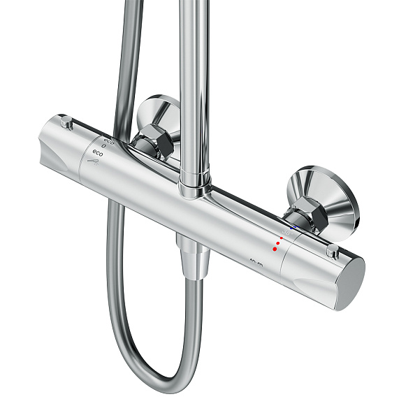Душевая система AM.PM Crave, высота от 1030-1460 мм, цвет хром, комплект: термостатический смеситель/тропический душ (с верхней лейкой)/стойка/лейка/шланг, наружного монтажа
