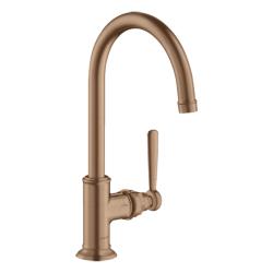 Смеситель для раковины Axor Montreux 210, однорычажный, с рычаговой рукояткой, поворотный излив, длина излива 17,5 см, керамический, латунь, цвет шлифованное красное золото, с незапираемым сливным набором
