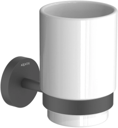 Стакан с держателем Aquatek Бетта настенный, латунь/керамика/нержавеющая сталь, округлый, для душа/ванны/зубных щеток, в ванную комнату, цвет матовый черный