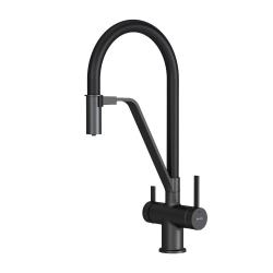 Смеситель для кухни/мойки AM.PM Func высокий, С-излив, гибкий, однорычажный, с каналом для питьевой воды, поворотный, керамический, длина излива 195 мм, нержавеющая сталь/цинк/латунь/силикон, цвет черный