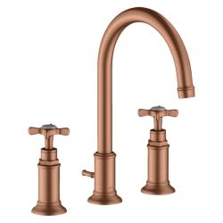 Смеситель для раковины Axor Montreux 180, на 3 отверстия, двухвентильный, с крестообразными рукоятками, поворотный излив, длина излива 17,5 см, керамический, латунь, цвет шлифованное красное золото, со сливным гарнитуром Смеситель для раковины Axor Montreux 180, на 3 отверстия, двухвентильный, с крестообразными рукоятками, поворотный излив, длина излива 17,5 см, керамический, латунь, цвет шлифованное красное золото, со сливным гарнитуром