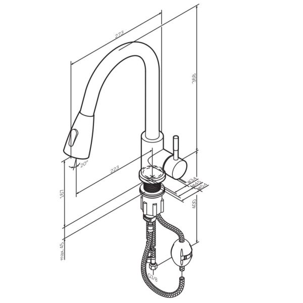 Смеситель для кухни/мойки Am.Pm X-Joy S однорычажный, поворотный, выдвижной излив, керамический, длина 223 мм, нержавеющая сталь/пластик, цвет черный