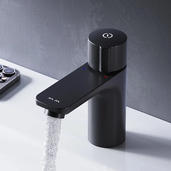 Смеситель для раковины/умывальника AM.PM X-Joy TouchReel, нажимной, неповоротный, керамический, длина излива 99 мм, латунь, цвет черный матовый