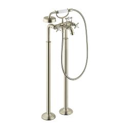 Смеситель для ванны Axor Montreux напольный, двухвентильный, с крестообразными рукоятками, неповоротный, латунный, длина излива 23,4 см, керамический, цвет под сталь, с душевым шлангом/держателем/лейкой