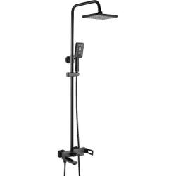 Душевая система SHEVANIK, высота 1480 мм, цвет черный/хром, комплект: однорычажный смеситель с изливом/тропический душ (с верхней лейкой)/стойка/лейка/шланг, наружного монтажа