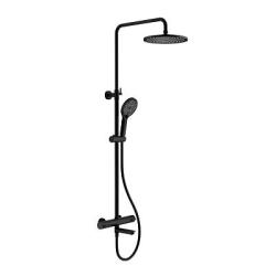 Душевая система Splenka S223.26.06 с термостатом, 1160-1560 мм цвет черный, комплект: термостатический смеситель/излив/тропический душ круглый (с верхней лейкой)/лейка/стойка/шланг, латунь/нержавеющая сталь