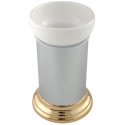 Стакан Migliore Mirella, с держателем, настольный, латунь/керамика, форма округлая, для зубных щеток в ванную/туалет/душевую кабину, цвет хром/золото