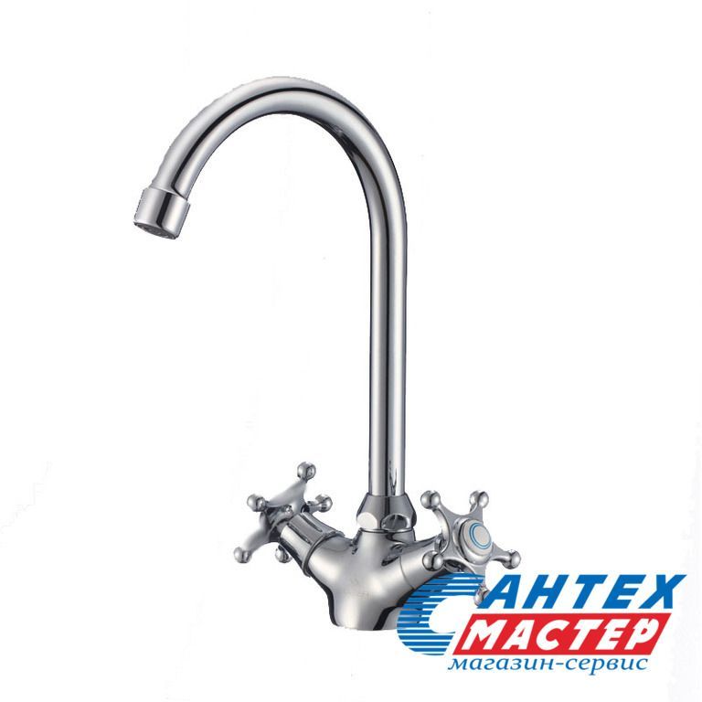 Смеситель для раковины Славен двухвентильный, излив длинный, длина 215 мм, поворотный, латунь, цвет хром, без донного клапана