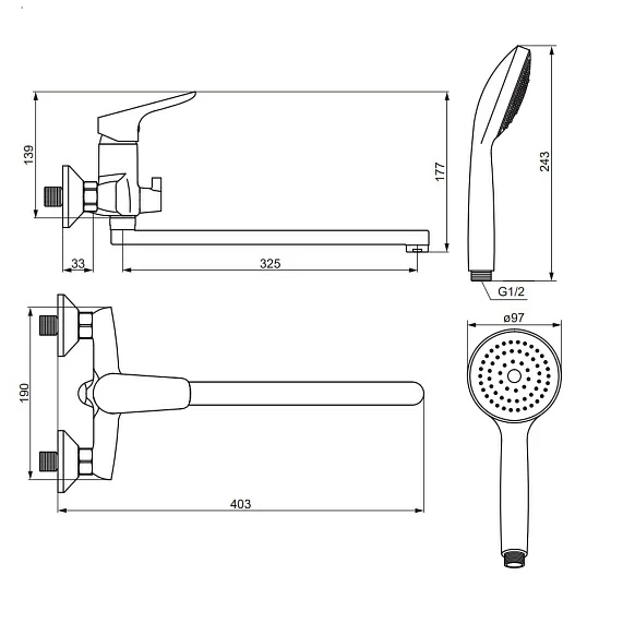 Смеситель для ванны/душа Damixa Jupiter, настенный, однорычажный, поворотный, керамический, длина излива 325 мм, латунь, цвет хром