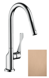 Смеситель для кухни/мойки Axor Citterio 250, однорычажный, керамический, с поворотным/вытяжным изливом, длина 22 см, латунь, цвет шлифованное красное золото, кухонный