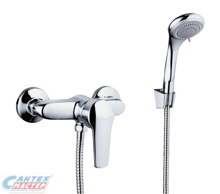 Смеситель для душа G-lauf однорычажный, керамический, настенный, с аксессуарами, без излива, с лейкой, шлангом, латунь хром