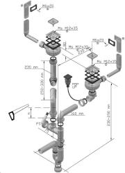 Двойной сифон ALVEUS 114-PP-114-POPUP CRYSTALIX, STYLUX квадратный, с клапаном-автоматом, с переливом, гидрозатвор/мокрый затвор, ABS пластик, для кухонных моек CRYSTALIX, STYLUX