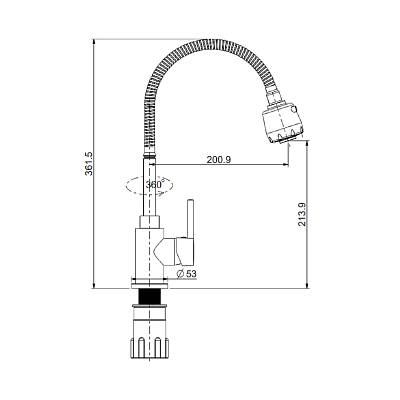 Смеситель для кухни/мойки Splenka S201.47.06 однорычажный, поворотный/гибкий излив, керамический, высота 214 мм, длина 201 мм, нержавеющая сталь, цвет черный
