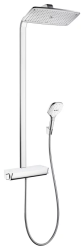 Душевая система Hansgrohe Raindance E Showerpipe 360 1jet EcoSmart, высота 106,6 см, цвет хром/белый, комплект: верхний душ/ручной душ/термостат для душа/штанга для душа/держатель для душа, наружного монтажа, настенная, латунная, с термостатом