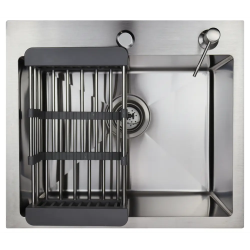 Мойка кухонная Siriusline, 50х44 см, врезная, нержавеющая сталь, прямоугольная, цвет: сатин, с отверстием под смеситель, (в комплекте: коландер, дозатор, сифон) SL5044