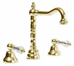 Смеситель для раковины Cezares Diamond, на 3 отверстия, двухвентильный, высокий, длина излива 180 мм, поворотный, керамический, латунь, цвет золото 24 карат, с донным клапаном