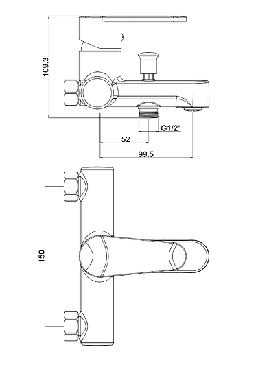Смеситель для ванны/душа Voda Waterfall однорычажный, настенный, неповоротный, керамический картридж, длина излива 99,5 мм, без аксессуаров, латунь, цвет хром WF54