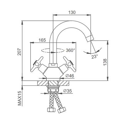 Смеситель для раковины/умывальника Splenka S80.13 двухвентильный, поворотный, нефиксированный, длина излива 130 мм, латунь, цвет хром