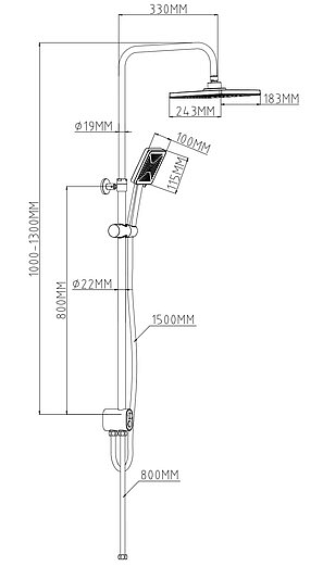 Душевой гарнитур Esko ST1450N наружного монтажа, высота 1000-1300 мм цвет хром, 3 режима, тропический душ (с верхней лейкой)/стойка/лейка/шланг