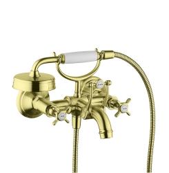 Смеситель для ванны Axor Montreux, двухвентильный, с крестообразными рукоятками, настенный, наружнего/внешнего монтажа, неповоротный, латунный, длина излива 22,4 см, керамический, цвет шлифованная медь, с душевым шлангом/лейкой/держателем для душа