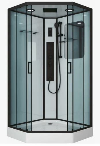Душевая кабина 90х90х210 см Niagara Premium поддон низкий, пятиугольная, угловая, стекло тонированное, заднее белое, без гидромассажа, с верхним душем, сенсорная, смеситель, профиль, белая, закрытая
