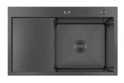 Мойка кухонная Hoffger 7850R врезная, Black (черная) 780х500х225 мм нержавеющая сталь, крыло слева, прямоугольная, с PVD покрытием, с отверстием под смеситель, слив-перелив