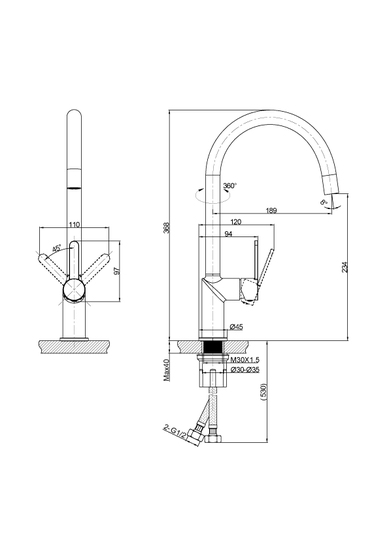 Смеситель для кухни/мойки Cersanit Oliva однорычажный, поворотный излив, керамический, высота 234 мм, длина 189 мм, латунь, цвет черный