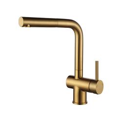 Смеситель для кухни/мойки Paulmark Dosse, однорычажный, поворотный, керамический картридж, высокий, выдвижной излив, длина излива 202 мм, нержавеющая сталь, цвет брашированное золото