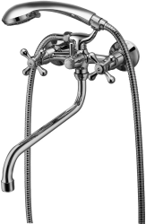 Смеситель для ванны Lemark Promotion, двухрычажный, поворотный, универсальный, настенный, керамический, с длинным изливом, длина излива 36,1 см, с гибким шлангом 150 см, 5-функциональная лейка, латунь, цвет хром