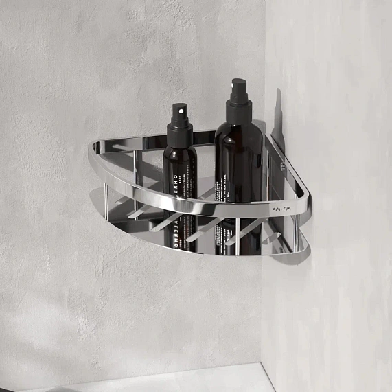Полка-корзина AM.PM Sense L, одинарная, настенная, нержавеющая сталь, форма четверть круга, цвет хром, в ванную/туалет/душевую кабину