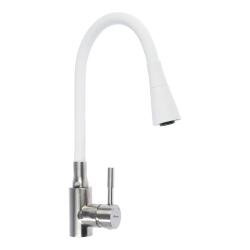Смеситель для кухни/мойки Accoona, однорычажный, поворотный/гибкий, керамический, длина излива 350 мм, нержавеющая сталь, цвет белый/нержавеющая сталь