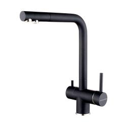 Смеситель для кухни/мойки Paulmark Skalen, с подключением к фильтру/биканальный, однорычажный, поворотный излив, керамический картридж, высокий, длина излива 225 мм, нержавеющая сталь, цвет черный