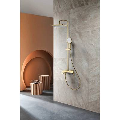 Душевая система Raglo R30.24.03 со смесителем, высота 630-1280 мм цвет сатин золотой, комплект: однорычажный смеситель/излив/тропический душ прямоугольный (с верхней лейкой)/лейка/стойка/шланг, нержавеющая сталь/латунь