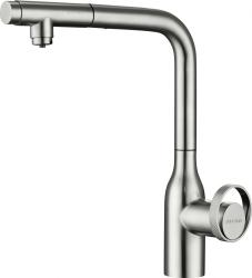 Смеситель для кухни/мойки Paulmark Urban, с подключением фильтра питьевой воды, однорычажный, поворотный/выдвижной излив, керамический, высокий, длина излива 214 мм, латунь, цвет никель