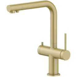 Смеситель для кухни/мойки Aquatek Европа с каналом для фильтрованной воды, однорычажный, поворотный, керамический, излив 221 мм, высота излива 285 мм латунь, цвет шлифованное золото