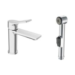 Смеситель для раковины/умывальника Esko Eiger с гигиеническим душем, однорычажный, неповоротный, латунь, длина излива 105 мм, керамический, цвет хром EG 27H