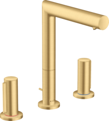 Смеситель для раковины/умывальника Axor Uno 200, на 3 отверстия, двухвентильный, с рукоятками zero, поворотный излив, длина излива 18,3 см, керамический, латунь, цвет шлифованное золото, со сливным гарнитуром