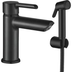 Смеситель для умывальника SHEVANIK с гигиеническим душем/лейкой, однорычажный, излив короткий 105 мм, керамический, латунь, цвет черный матовый