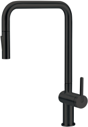 Смеситель для кухни/мойки Deante Momi однорычажный, поворотный, с выдвижным U-изливом, керамический, длина излива 225 мм, латунь, цвет черный