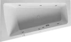 Ванна Duravit Paiova 170х130 см гидромассажная, встраиваемая, акриловая, цвет: белый, с ножками/сливом-переливом, без фронтальной панели, трапециевидная/угловая, с системой гидромассажа Jet-System, c наклоном для спины слева, левая