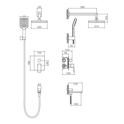Душевая система Splenka S01.27.06 встраиваемая, цвет черный, комплект: однорычажный смеситель/излив/тропический душ прямоугольный (с верхней лейкой)/лейка/шланг, скрытый монтаж
