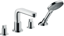 Смеситель для ванны Hansgrohe Metris S на борт ванны двухвентильный, неповоротный, латунный, длина излива 17,1 см, керамический, цвет хром, с душевым шлангом/лейкой, на 4 отверстия