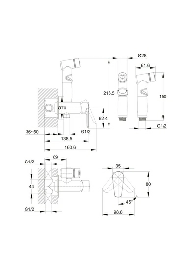 Смеситель с гигиеническим душем Cersanit Vero встраиваемый однорычажный на стену, латунный, цвет глянцевый хром, керамический