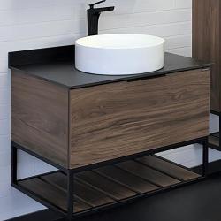 Тумба с раковиной Comforty Порто-75, 75,5х64,5х52 см, подвесная, 1 выдвижной ящик/открытая полка, ЛДСП/сталь, прямоугольная, цвет- дуб темно-коричневый/черный/раковина COMFORTY 9110, круглая, цвет белый, накладная