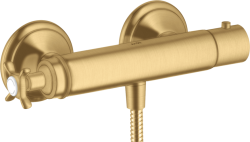 Смеситель для душа Axor Montreux, термостатический, с крестообразной рукояткой, внешнего/наружнего монтажа, настенный, без излива/шланга/лейки, керамический, латунный, цвет: шлифованное золото, с термостатом