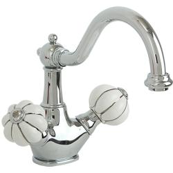 Смеситель для раковины Migliore Olivia, двухвентильный, излив короткий, поворотный, длина 190 мм, керамический, латунь, цвет белый/декор платина/хром