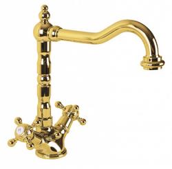 Смеситель для раковины Cezares Golf, двухвентильный, высокий, длина излива 180 мм, поворотный, керамический, латунь, цвет золото 24 карат, с донным клапаном