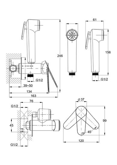 Смеситель с гигиеническим душем Cersanit LARA встраиваемый однорычажный на стену, латунный, цвет черный матовый, керамический