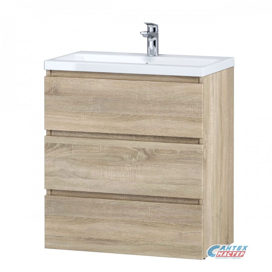 Тумба c раковиной AM.PM Gem S 75, 75х81х42,5 см, напольная, 3 выдвижных ящика, ЛДСП / Gem S 75, встраиваемая, прямоугольная, цвет светлый дуб, белый, керамическая/фарфоровая, отверстие под смеситель, слив-перелив